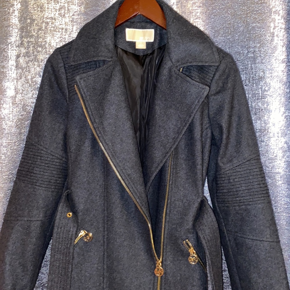 Michael Kors Asymmetrical Wool Peacoat Sz: small gray with belt